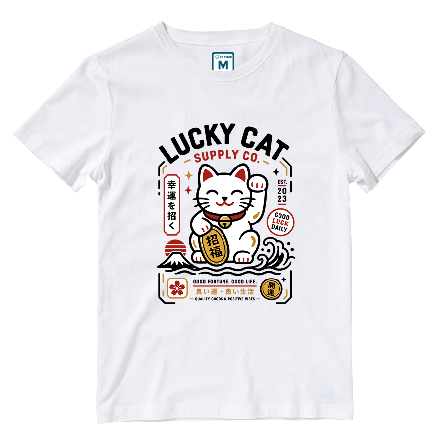 Cotton Shirt: Lucky Cat White