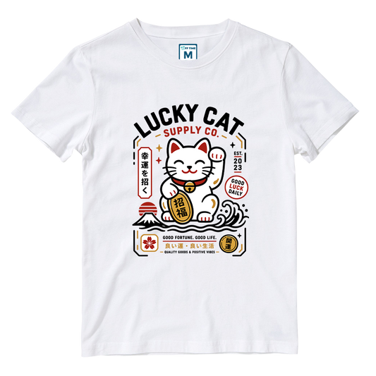 Cotton Shirt: Lucky Cat White